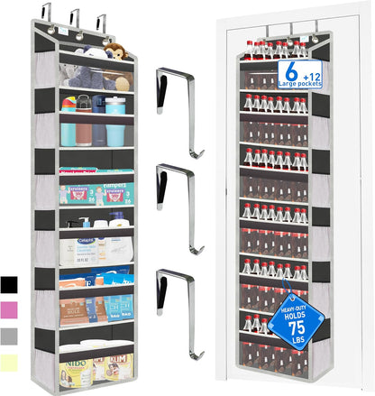 Over the Door Organizer Storage 6 Tier, 12 Large Capacity Side Pockets, Heavy Duty Metal Reinforced Hook Anti Tilt 75 LB Load Behind Door Storage for Bedroom Bathroom Pantry Nursery