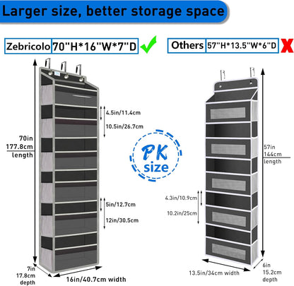 Over the Door Organizer Storage 6 Tier, 12 Large Capacity Side Pockets, Heavy Duty Metal Reinforced Hook Anti Tilt 75 LB Load Behind Door Storage for Bedroom Bathroom Pantry Nursery