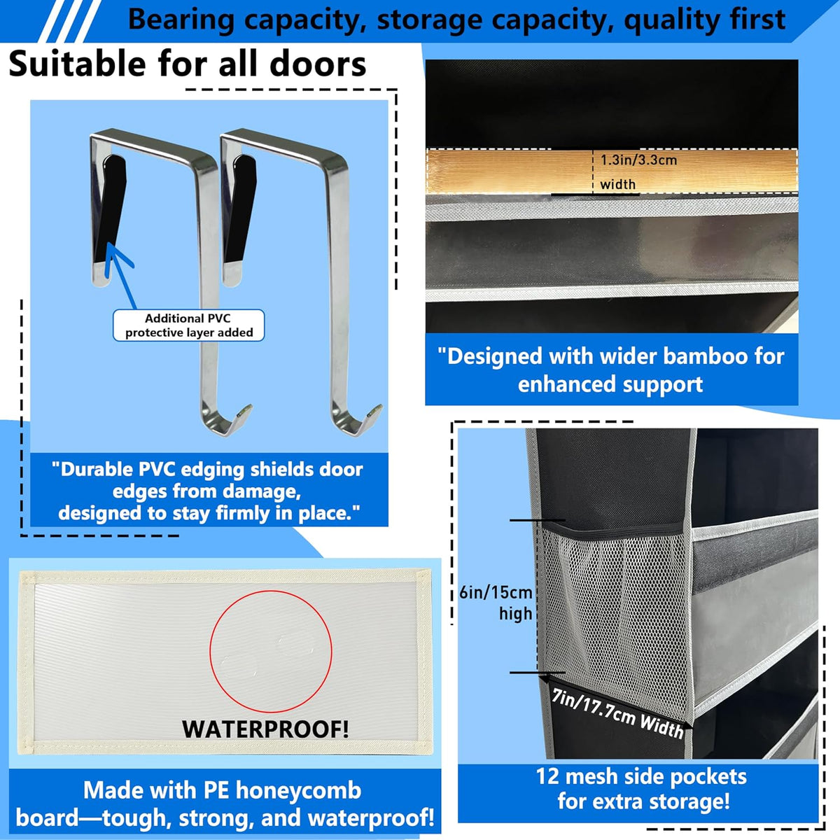 Over the Door Organizer Storage 6 Tier, 12 Large Capacity Side Pockets, Heavy Duty Metal Reinforced Hook Anti Tilt 75 LB Load Behind Door Storage for Bedroom Bathroom Pantry Nursery
