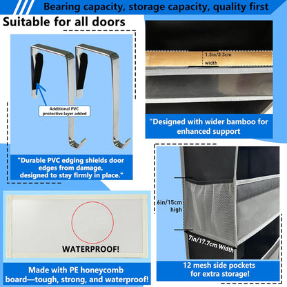 Over the Door Organizer Storage 6 Tier, 12 Large Capacity Side Pockets, Heavy Duty Metal Reinforced Hook Anti Tilt 75 LB Load Behind Door Storage for Bedroom Bathroom Pantry Nursery