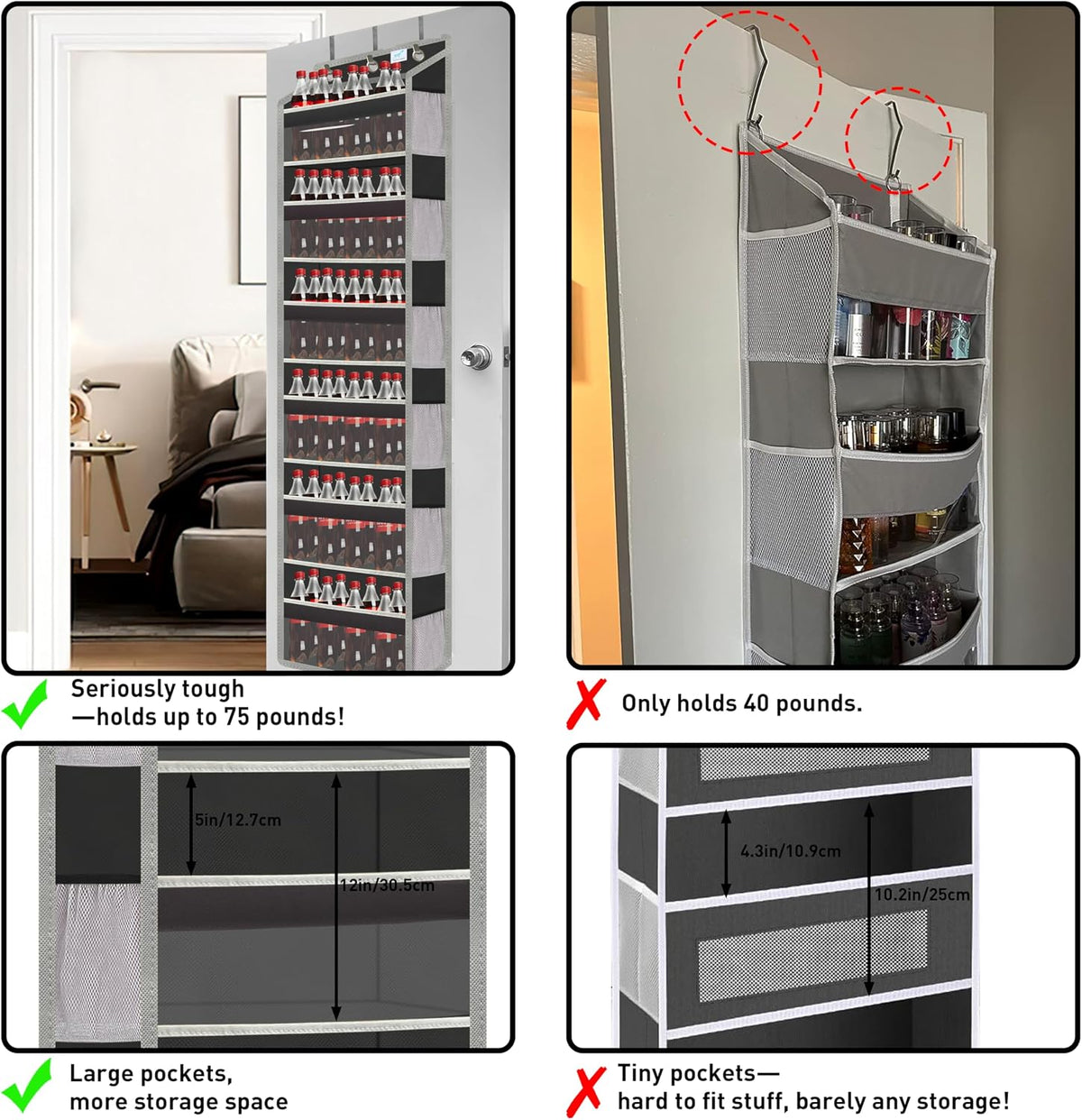Over the Door Organizer Storage 6 Tier, 12 Large Capacity Side Pockets, Heavy Duty Metal Reinforced Hook Anti Tilt 75 LB Load Behind Door Storage for Bedroom Bathroom Pantry Nursery
