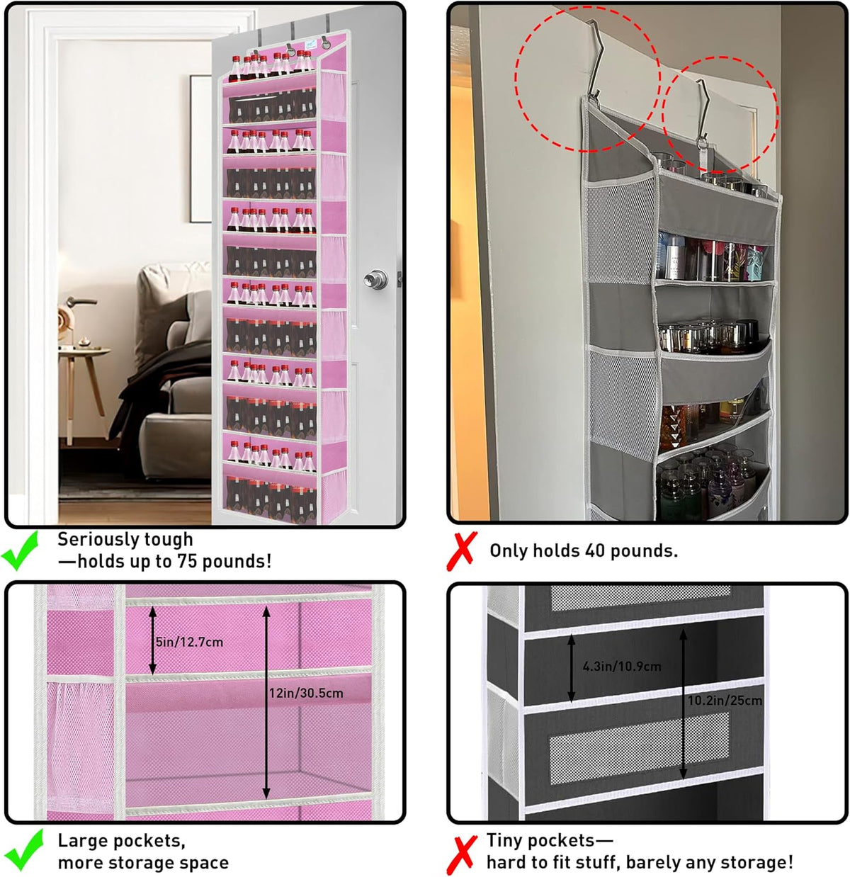 Over the Door Organizer Storage 6 Tier, 12 Large Capacity Side Pockets, Heavy Duty Metal Reinforced Hook Anti Tilt 75 LB Load Behind Door Storage for Bedroom Bathroom Pantry Nursery
