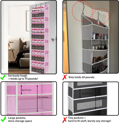 Over the Door Organizer Storage 6 Tier, 12 Large Capacity Side Pockets, Heavy Duty Metal Reinforced Hook Anti Tilt 75 LB Load Behind Door Storage for Bedroom Bathroom Pantry Nursery