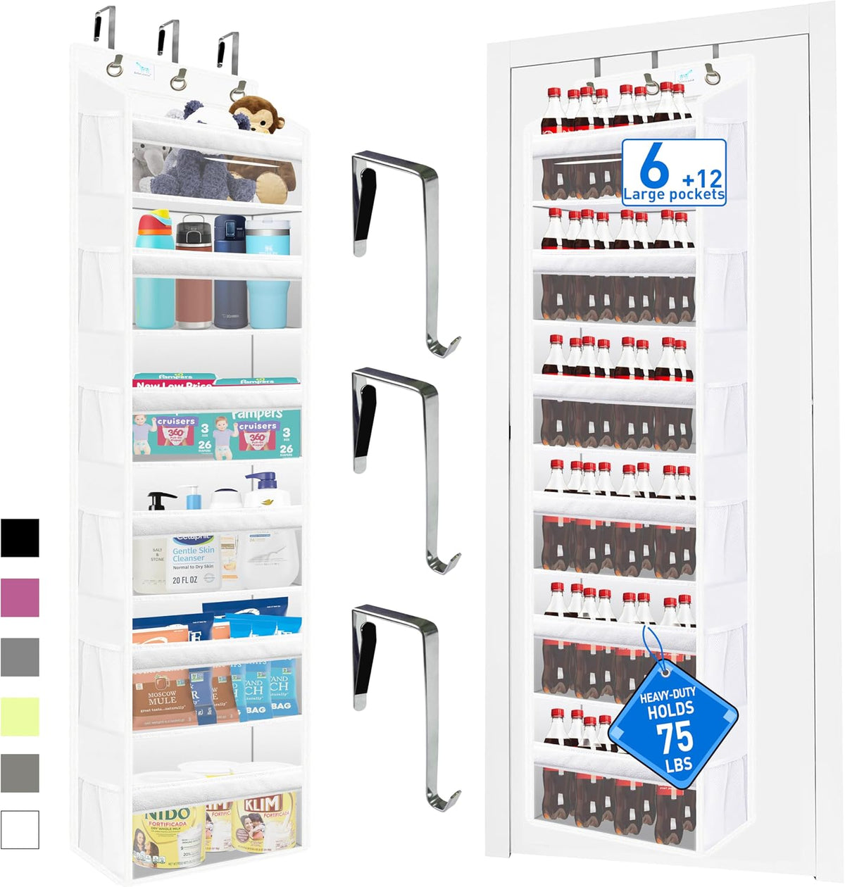 Over the Door Organizer Storage 6 Tier, 12 Large Capacity Side Pockets, Heavy Duty Metal Reinforced Hook Anti Tilt 75 LB Load Behind Door Storage for Bedroom Bathroom Pantry Nursery