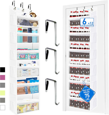 Over the Door Organizer Storage 6 Tier, 12 Large Capacity Side Pockets, Heavy Duty Metal Reinforced Hook Anti Tilt 75 LB Load Behind Door Storage for Bedroom Bathroom Pantry Nursery