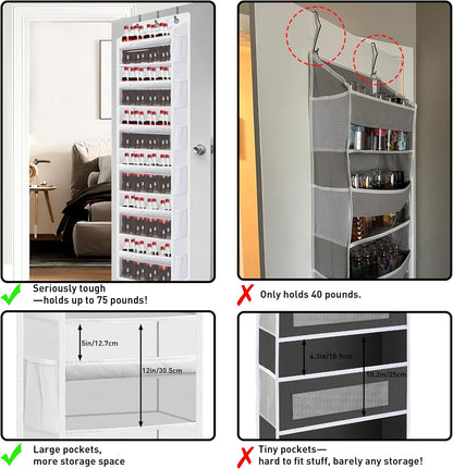 Over the Door Organizer Storage 6 Tier, 12 Large Capacity Side Pockets, Heavy Duty Metal Reinforced Hook Anti Tilt 75 LB Load Behind Door Storage for Bedroom Bathroom Pantry Nursery