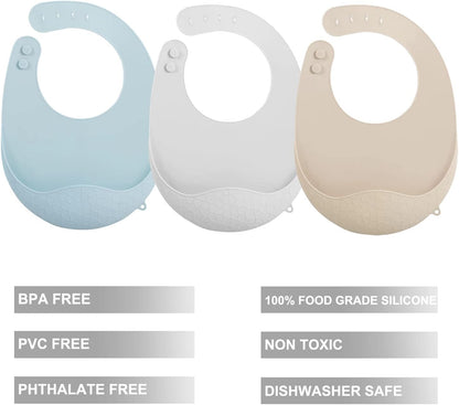 3 Pack Super Light Silicone Baby Bib for Boys Girls| Waterproof Baby Bibs with Pocket Food Catcher, Soft Adjustable Silicone Feeding Bibs