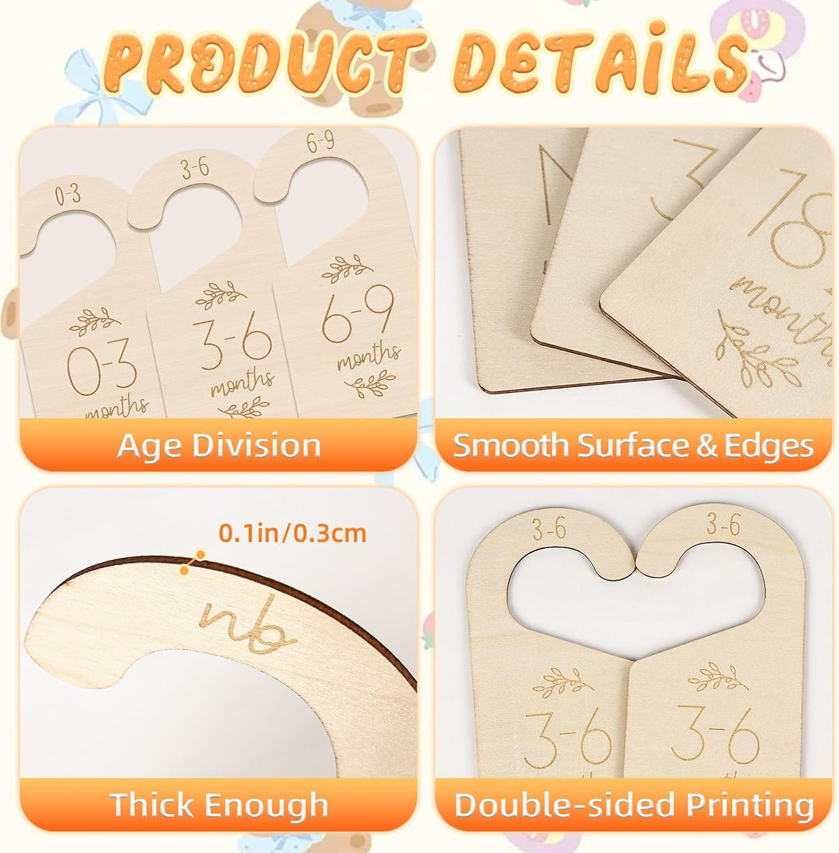 7 Pcs Wooden Baby Closet Dividers, Double-Sided Baby Clothes Size Hanger Organizer from Newborn to 24 Months, Nursery Closet Dividers for Girls and Boys Room Nursery Decor
