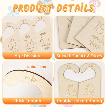 7 Pcs Wooden Baby Closet Dividers, Double-Sided Baby Clothes Size Hanger Organizer from Newborn to 24 Months, Nursery Closet Dividers for Girls and Boys Room Nursery Decor