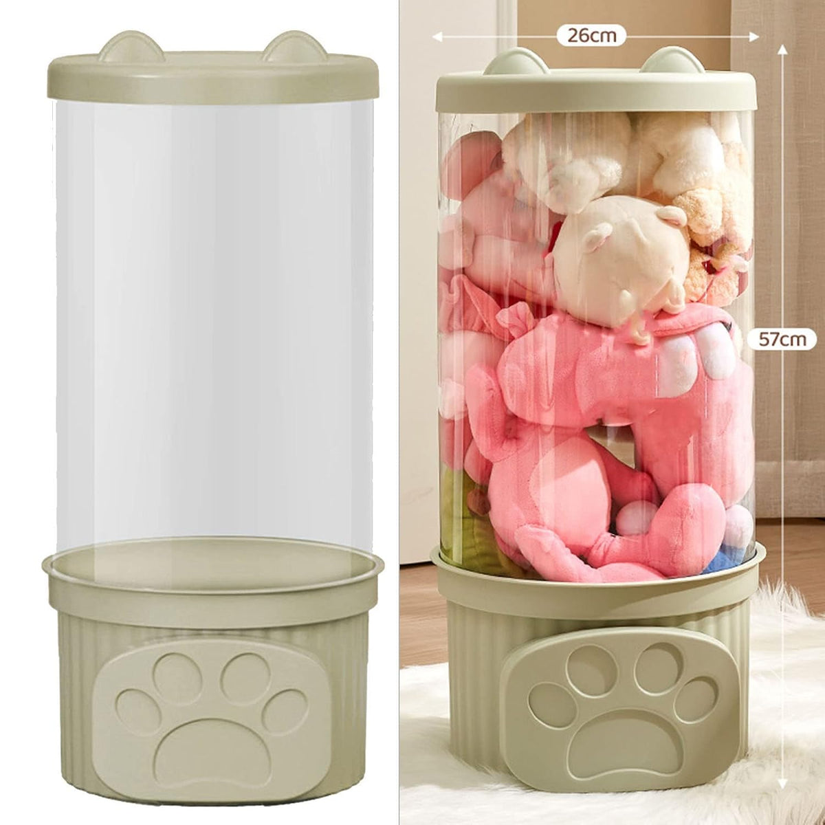 Toy Storage Container PET Transparent Cylinder Plush Toy Display Bucket PP Lid Home Organization (White)