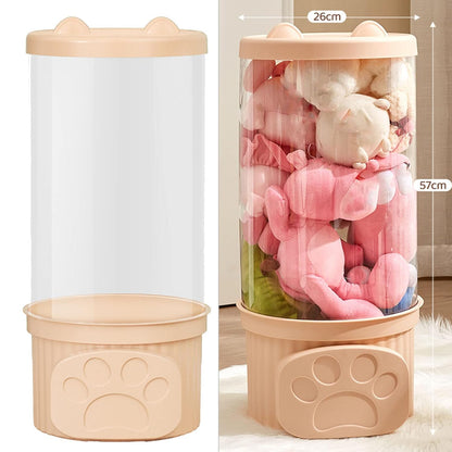 Toy Storage Container PET Transparent Cylinder Plush Toy Display Bucket PP Lid Home Organization (White)