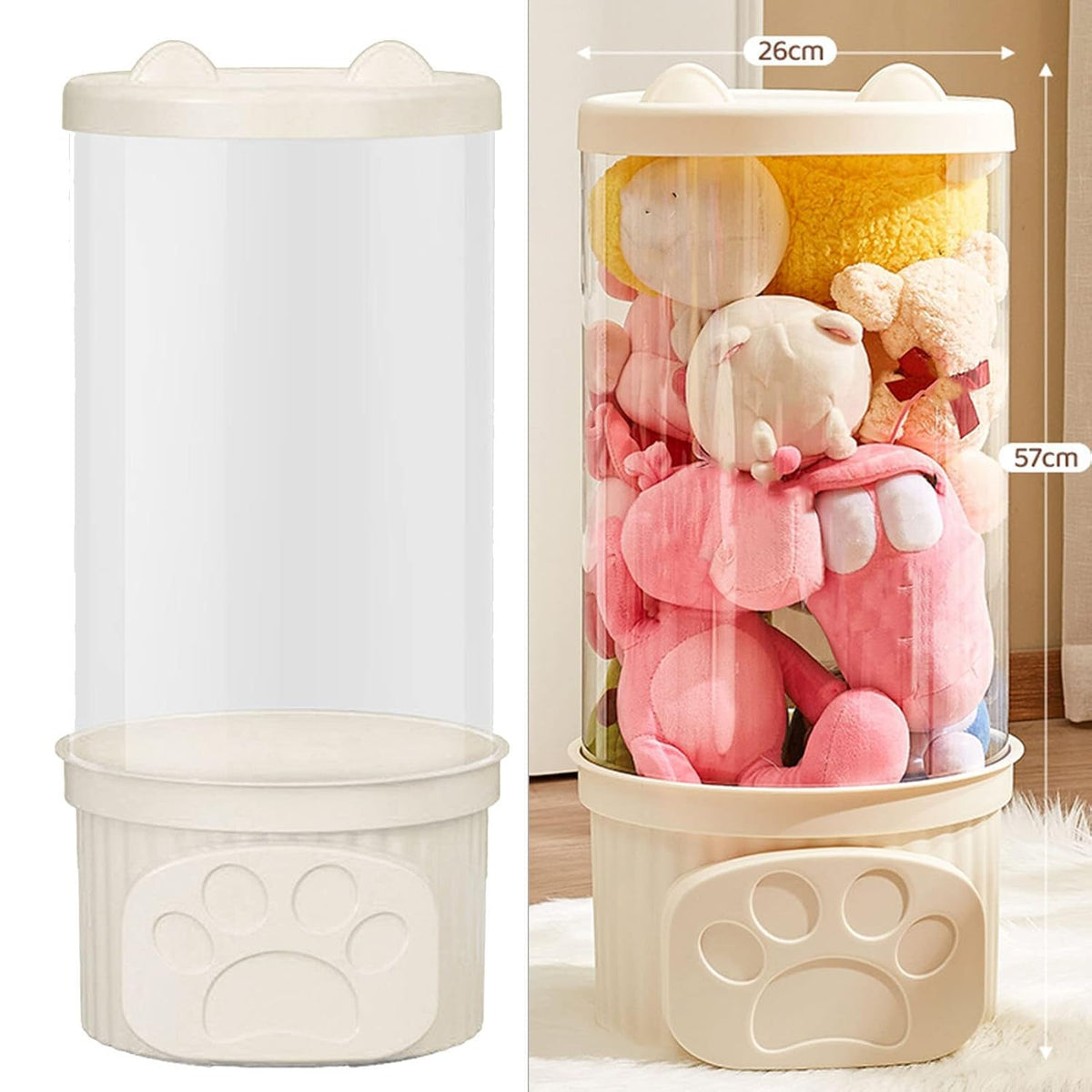 Toy Storage Container PET Transparent Cylinder Plush Toy Display Bucket PP Lid Home Organization (White)