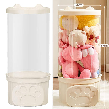 Toy Storage Container PET Transparent Cylinder Plush Toy Display Bucket PP Lid Home Organization (White)