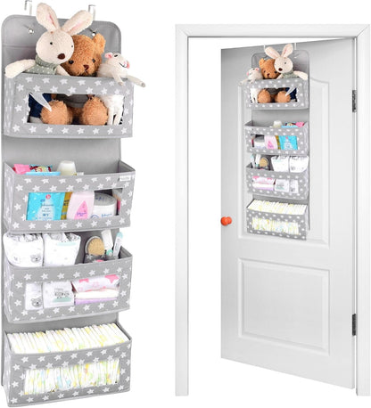 Nursery Over Door Hanging Organizer with Metal Hooks | 4 Large Clear Window Pocket Storage for Kids Room, Bathroom, Closet | Gray Star Fabric Caddy for Diapers, Toys, Cosmetics, Clothes
