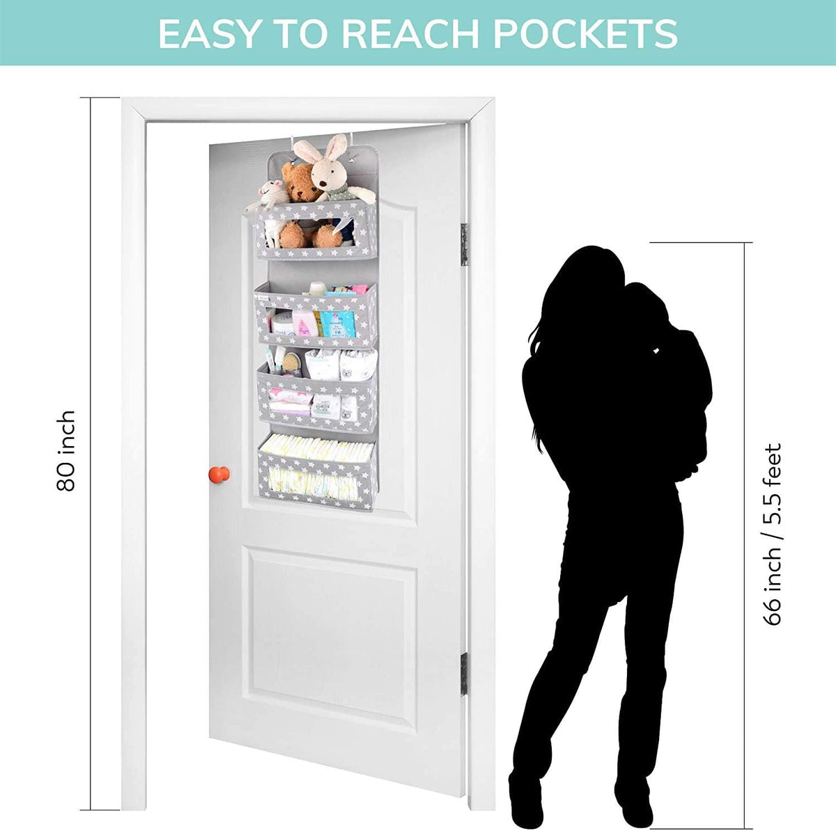 Nursery Over Door Hanging Organizer with Metal Hooks | 4 Large Clear Window Pocket Storage for Kids Room, Bathroom, Closet | Gray Star Fabric Caddy for Diapers, Toys, Cosmetics, Clothes