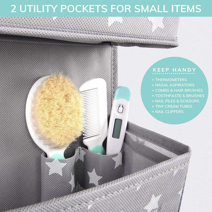 Nursery Over Door Hanging Organizer with Metal Hooks | 4 Large Clear Window Pocket Storage for Kids Room, Bathroom, Closet | Gray Star Fabric Caddy for Diapers, Toys, Cosmetics, Clothes