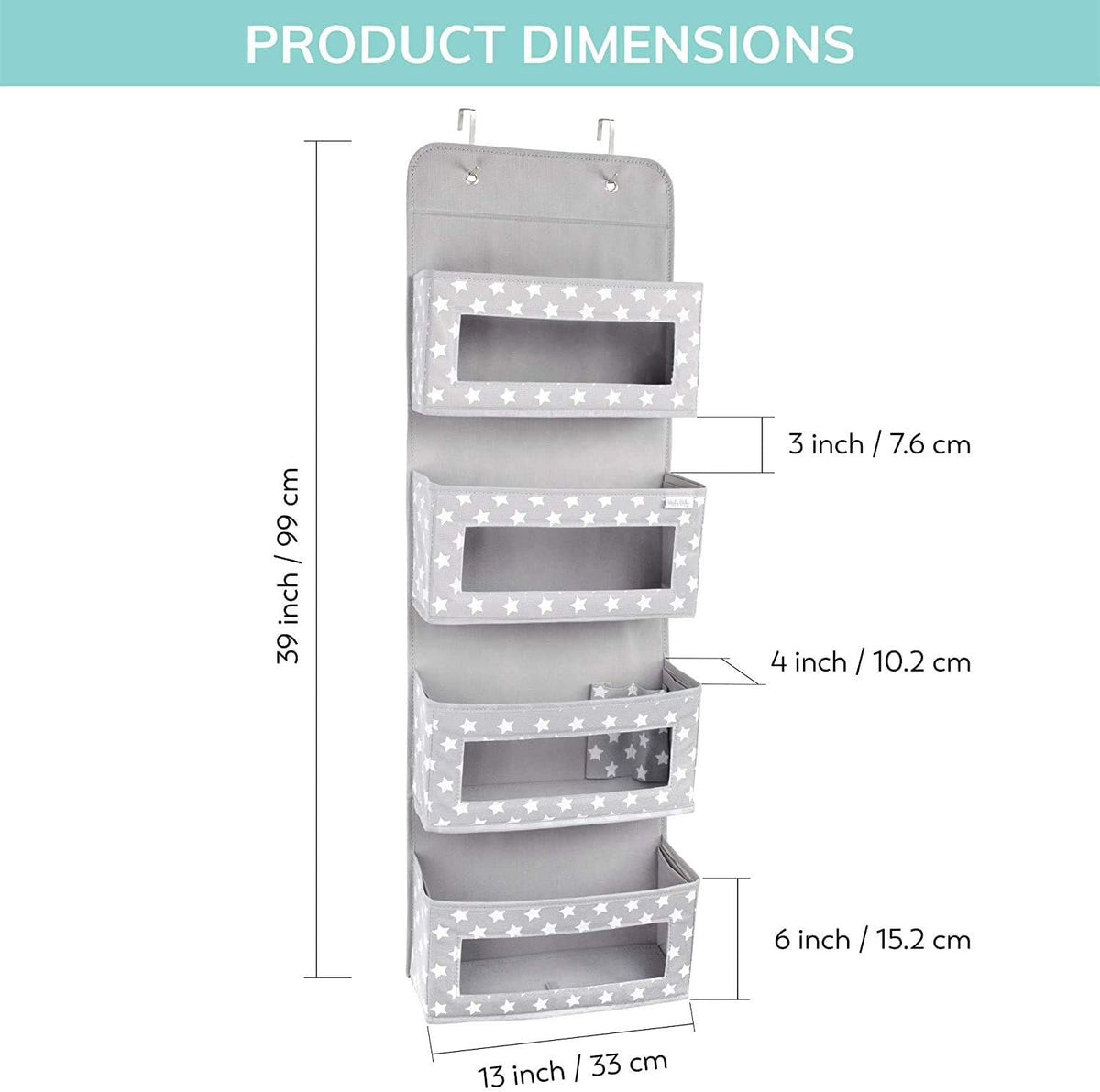 Nursery Over Door Hanging Organizer with Metal Hooks | 4 Large Clear Window Pocket Storage for Kids Room, Bathroom, Closet | Gray Star Fabric Caddy for Diapers, Toys, Cosmetics, Clothes