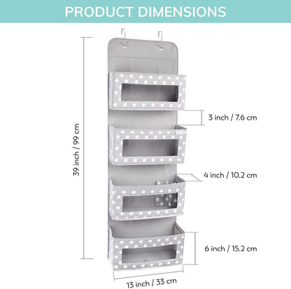 Nursery Over Door Hanging Organizer with Metal Hooks | 4 Large Clear Window Pocket Storage for Kids Room, Bathroom, Closet | Gray Star Fabric Caddy for Diapers, Toys, Cosmetics, Clothes