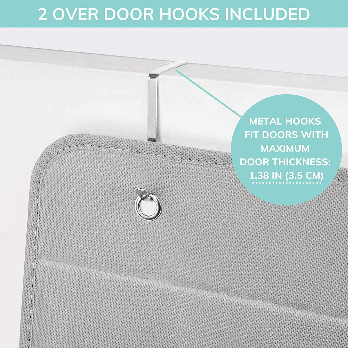 Nursery Over Door Hanging Organizer with Metal Hooks | 4 Large Clear Window Pocket Storage for Kids Room, Bathroom, Closet | Gray Star Fabric Caddy for Diapers, Toys, Cosmetics, Clothes