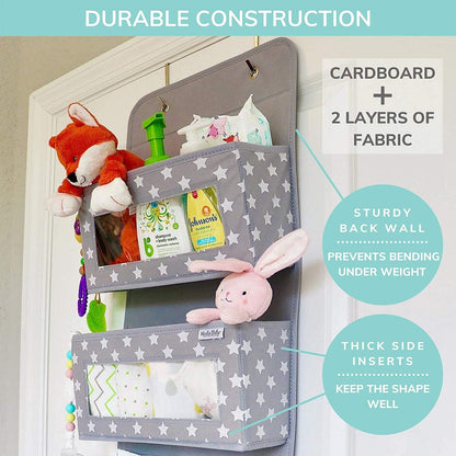 Nursery Over Door Hanging Organizer with Metal Hooks | 4 Large Clear Window Pocket Storage for Kids Room, Bathroom, Closet | Gray Star Fabric Caddy for Diapers, Toys, Cosmetics, Clothes