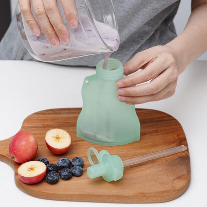 Silicone Yummy Pouch 4.5 oz – Reusable Silicone Snack & Smoothie Pouch, Refillable, Leak-Resistant, Dishwasher Safe, Eco-Friendly Food Storage for Kids & Toddlers (2-PK, Mist Blue)