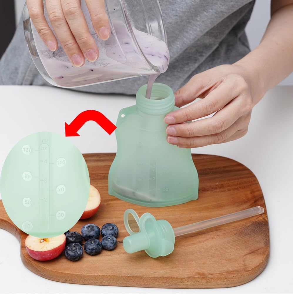 Silicone Yummy Pouch 4.5 oz – Reusable Silicone Snack & Smoothie Pouch, Refillable, Leak-Resistant, Dishwasher Safe, Eco-Friendly Food Storage for Kids & Toddlers (2-PK, Mist Blue)