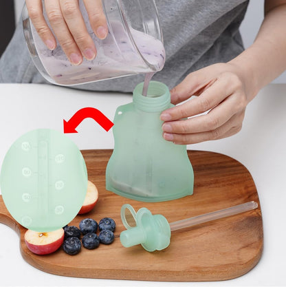 Silicone Yummy Pouch 4.5 oz – Reusable Silicone Snack & Smoothie Pouch, Refillable, Leak-Resistant, Dishwasher Safe, Eco-Friendly Food Storage for Kids & Toddlers (2-PK, Mist Blue)