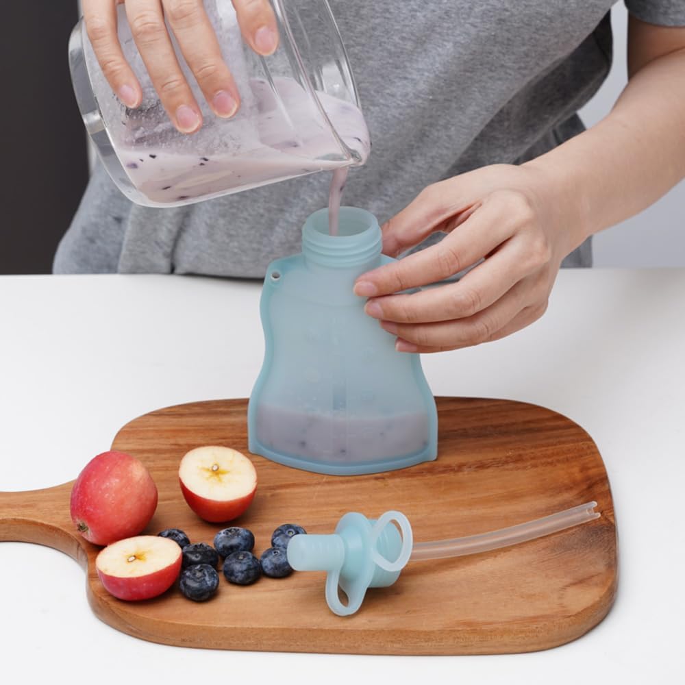 Silicone Yummy Pouch 4.5 oz – Reusable Silicone Snack & Smoothie Pouch, Refillable, Leak-Resistant, Dishwasher Safe, Eco-Friendly Food Storage for Kids & Toddlers (2-PK, Mist Blue)