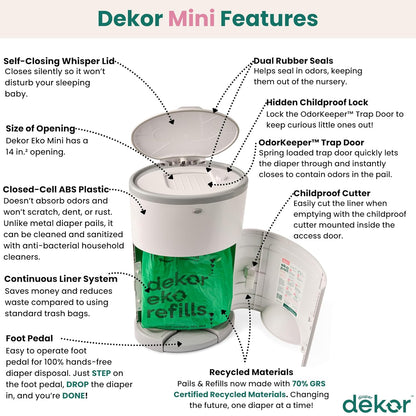 EKO MINI Diaper Pail, White, ONLY Eco-Friendly Diaper Pail Made with 70% Recycled Materials, Hands-Free: Step–Drop–Done, Cost-Effective Refill System
