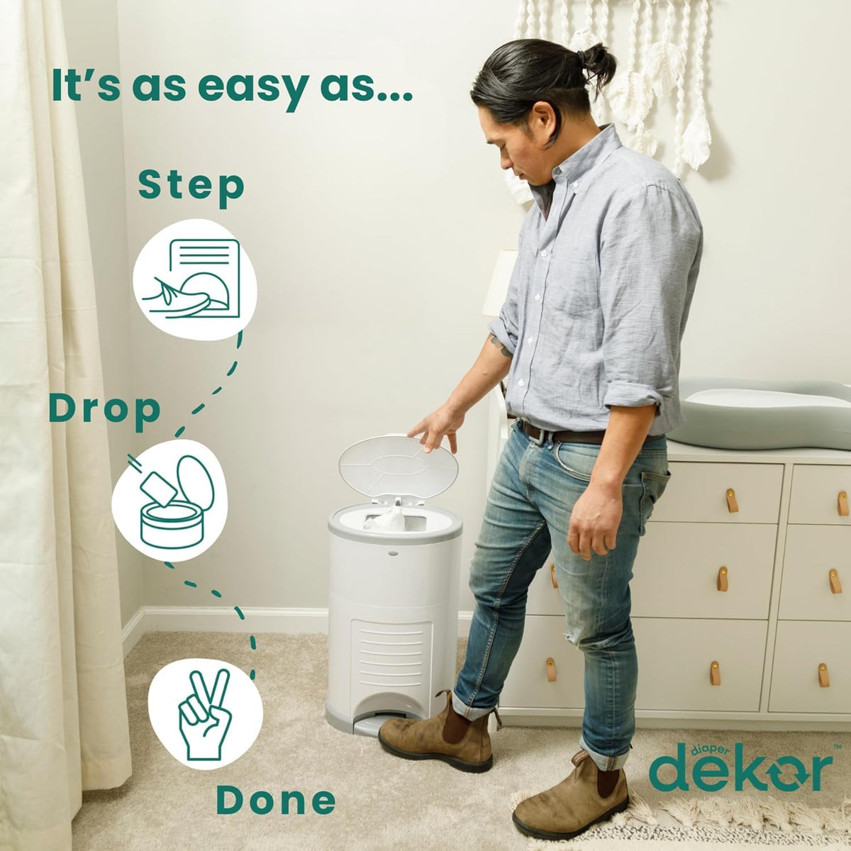 EKO MINI Diaper Pail, White, ONLY Eco-Friendly Diaper Pail Made with 70% Recycled Materials, Hands-Free: Step–Drop–Done, Cost-Effective Refill System