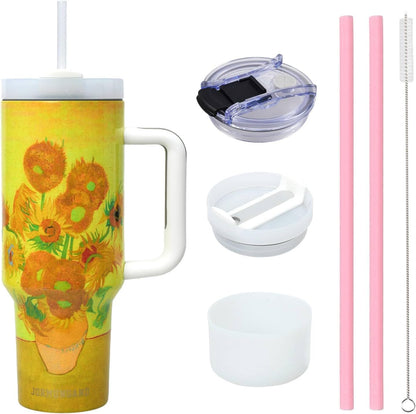 40 oz Tumbler with Handle and Straw Stainless Steel Vacuum Insulated Water Bottle for Hot or Cold Beverages Coffee Mug with Leak Proof Lid Gift for Women&Men (Sunflower)