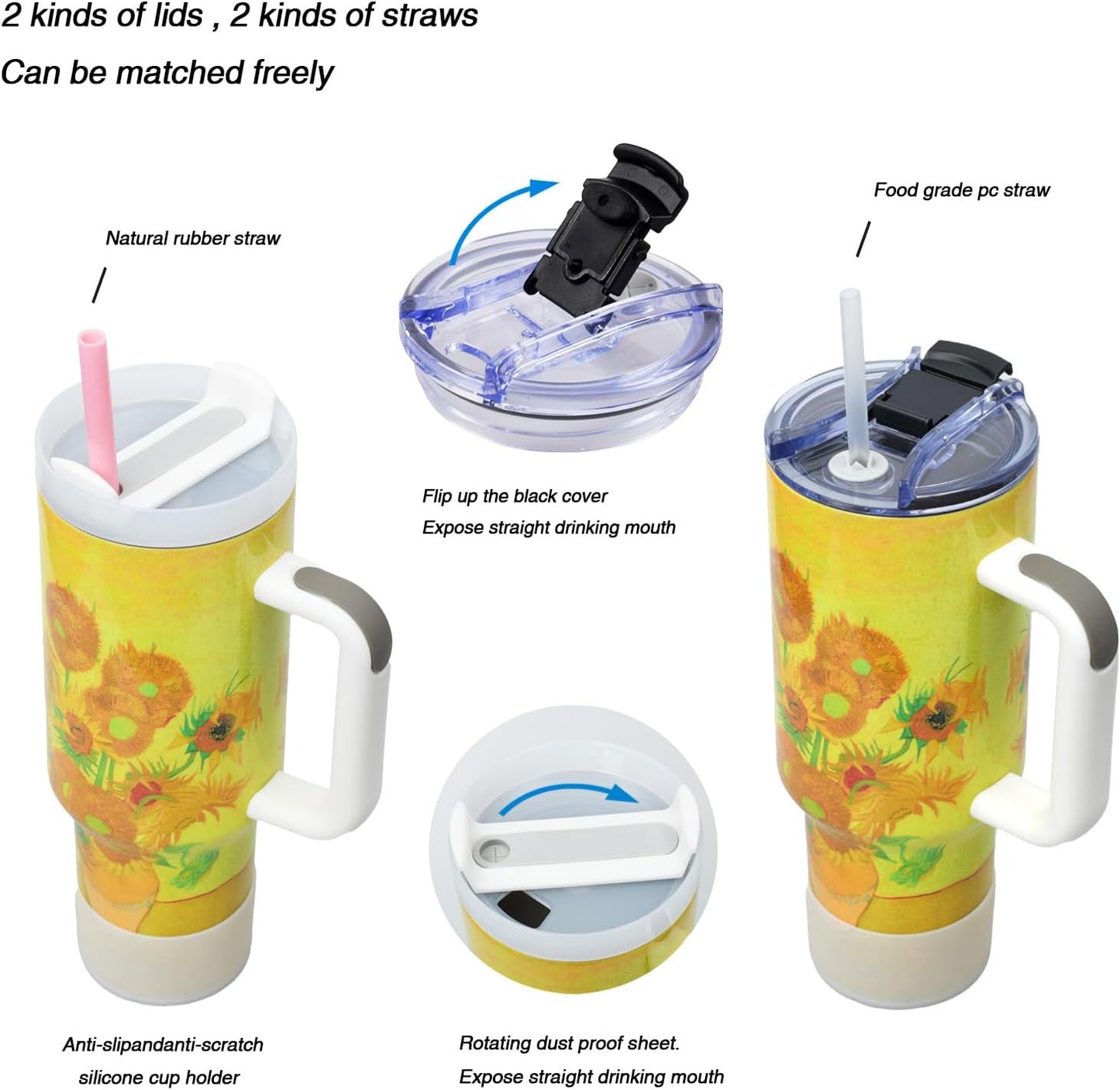 40 oz Tumbler with Handle and Straw Stainless Steel Vacuum Insulated Water Bottle for Hot or Cold Beverages Coffee Mug with Leak Proof Lid Gift for Women&Men (Sunflower)