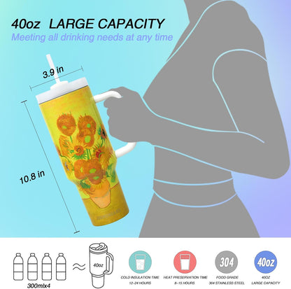 40 oz Tumbler with Handle and Straw Stainless Steel Vacuum Insulated Water Bottle for Hot or Cold Beverages Coffee Mug with Leak Proof Lid Gift for Women&Men (Sunflower)