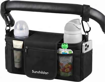 Stroller Organizer Caddy, Deep Cup Holders & Instant Wipe Access
