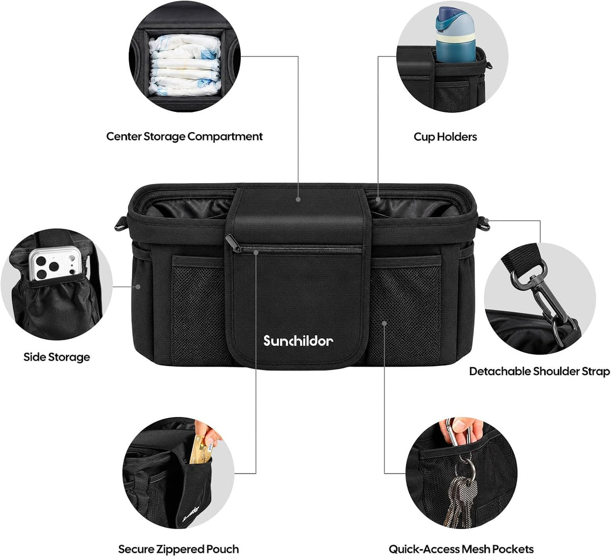 Stroller Organizer Caddy, Deep Cup Holders & Instant Wipe Access
