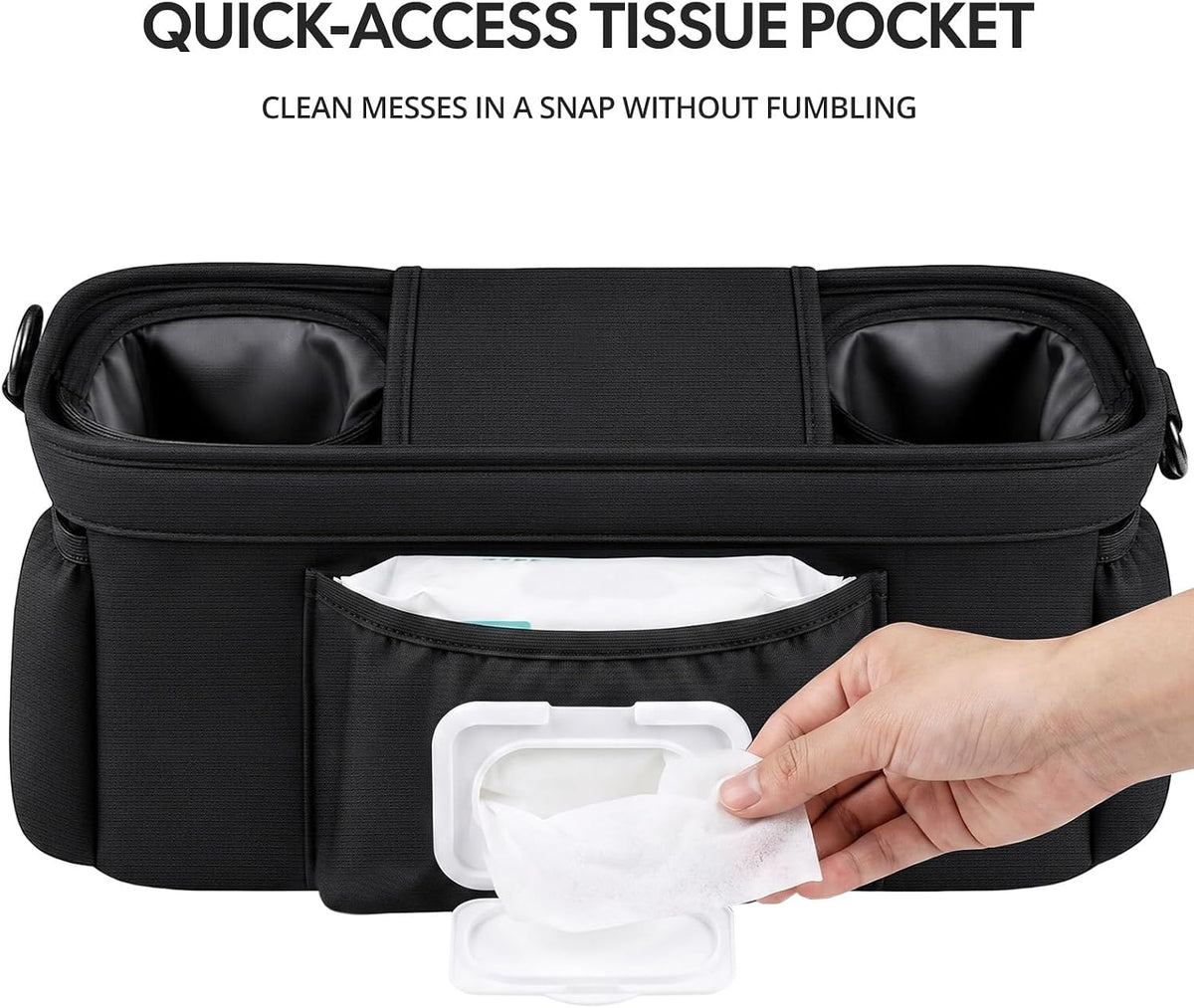 Stroller Organizer Caddy, Deep Cup Holders & Instant Wipe Access