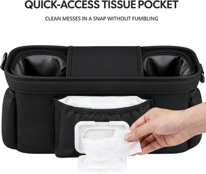 Stroller Organizer Caddy, Deep Cup Holders & Instant Wipe Access
