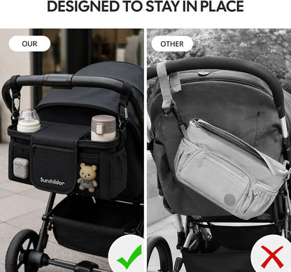 Stroller Organizer Caddy, Deep Cup Holders & Instant Wipe Access