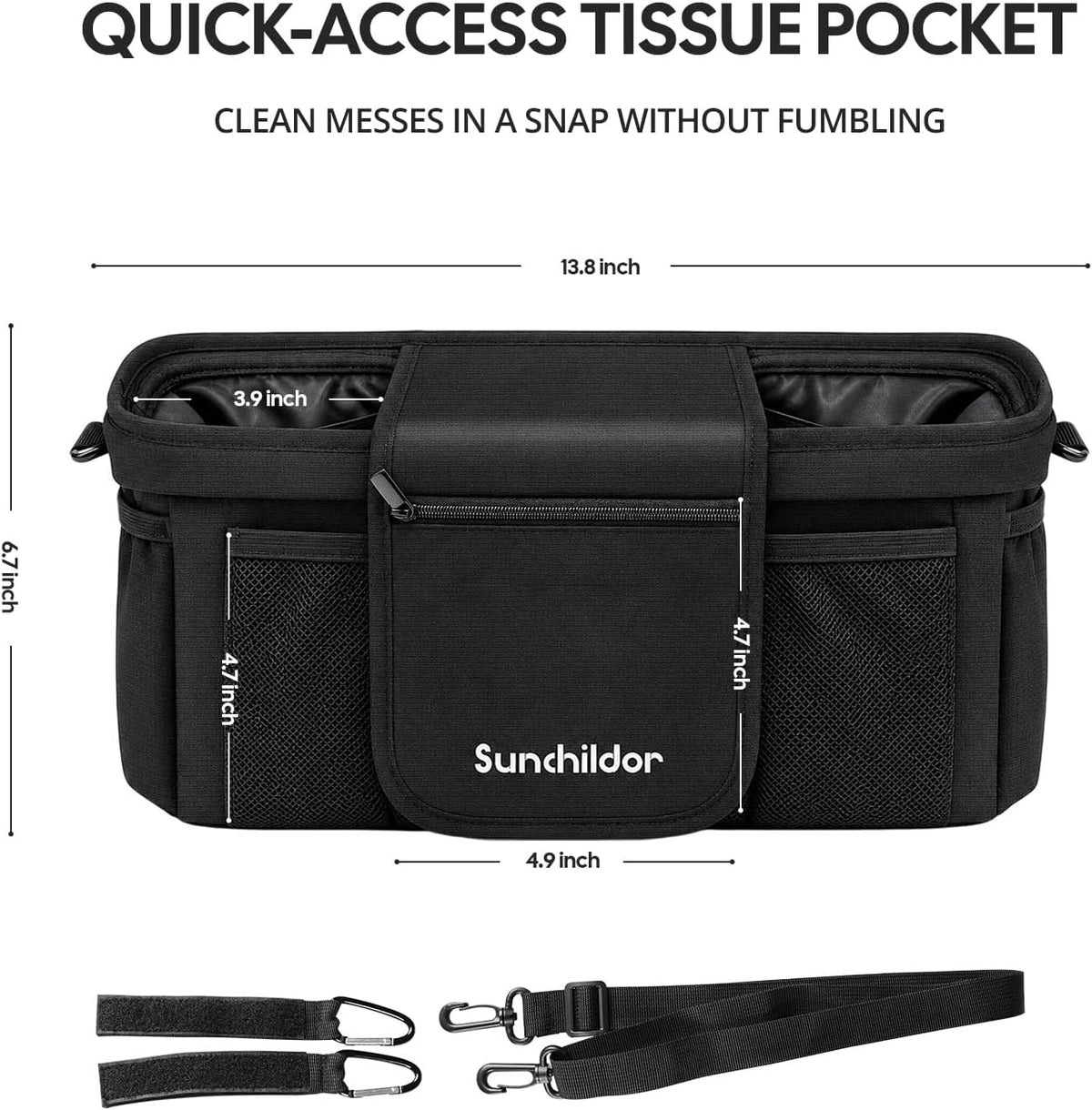 Stroller Organizer Caddy, Deep Cup Holders & Instant Wipe Access
