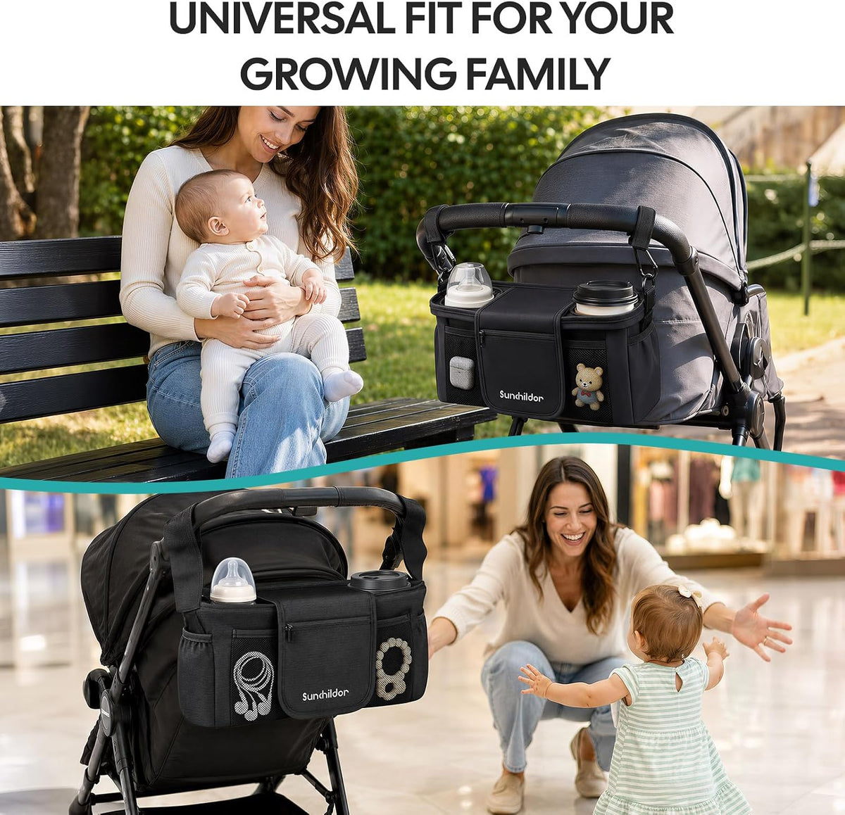Stroller Organizer Caddy, Deep Cup Holders & Instant Wipe Access