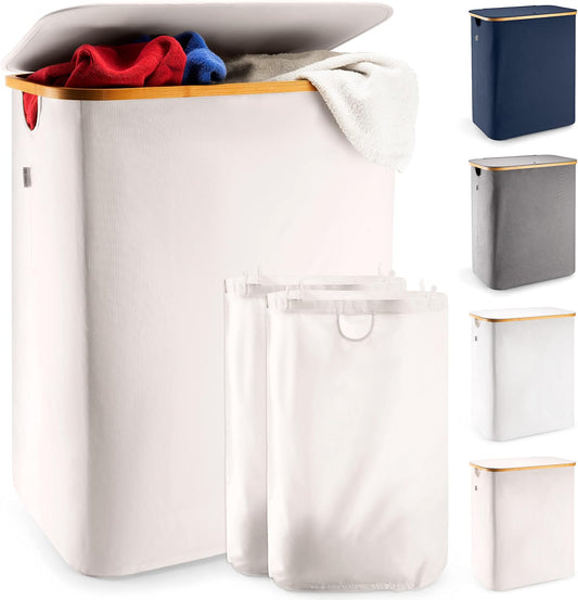 Laundry Basket with Lid, Made from Breathable Fabric | Aesthetic Clothes Hampers for Laundry with Side Handles & Sturdy Bamboo Frame (40 Gallons - Double, Gray)