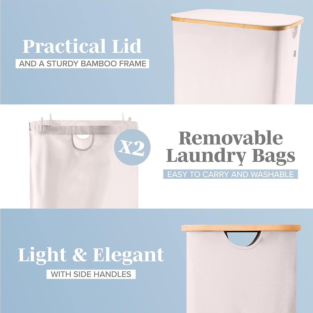 Laundry Basket with Lid, Made from Breathable Fabric | Aesthetic Clothes Hampers for Laundry with Side Handles & Sturdy Bamboo Frame (40 Gallons - Double, Gray)