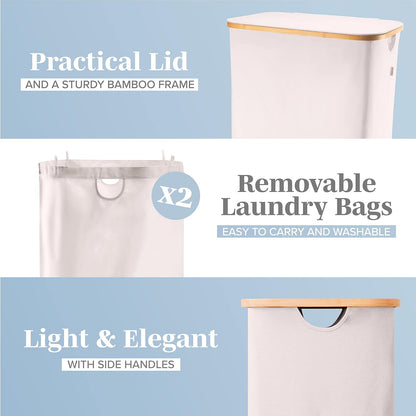 Laundry Basket with Lid, Made from Breathable Fabric | Aesthetic Clothes Hampers for Laundry with Side Handles & Sturdy Bamboo Frame (40 Gallons - Double, Gray)