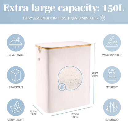 Laundry Basket with Lid, Made from Breathable Fabric | Aesthetic Clothes Hampers for Laundry with Side Handles & Sturdy Bamboo Frame (40 Gallons - Double, Gray)