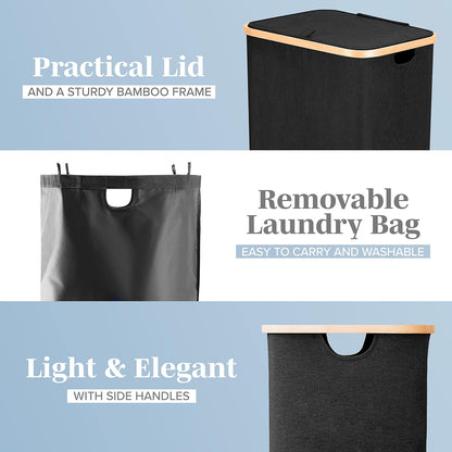 Laundry Basket with Lid, Made from Breathable Fabric | Aesthetic Clothes Hampers for Laundry with Side Handles & Sturdy Bamboo Frame (40 Gallons - Double, Gray)