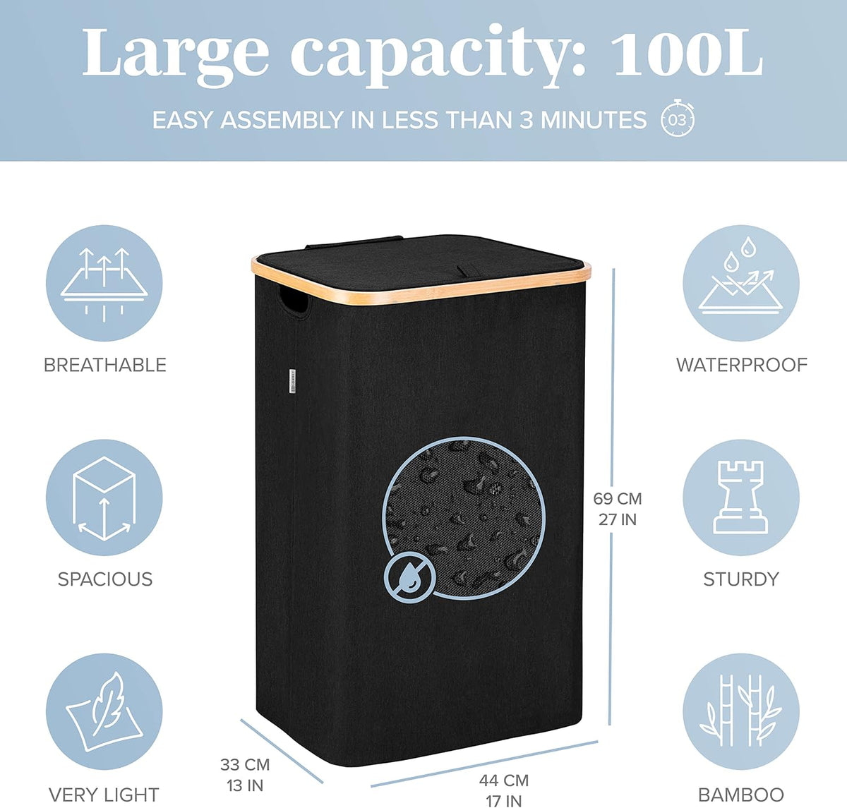 Laundry Basket with Lid, Made from Breathable Fabric | Aesthetic Clothes Hampers for Laundry with Side Handles & Sturdy Bamboo Frame (40 Gallons - Double, Gray)