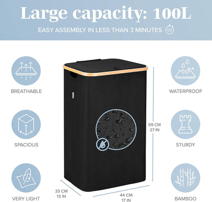 Laundry Basket with Lid, Made from Breathable Fabric | Aesthetic Clothes Hampers for Laundry with Side Handles & Sturdy Bamboo Frame (40 Gallons - Double, Gray)