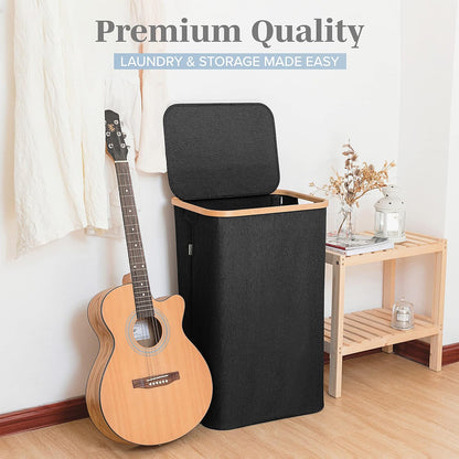 Laundry Basket with Lid, Made from Breathable Fabric | Aesthetic Clothes Hampers for Laundry with Side Handles & Sturdy Bamboo Frame (40 Gallons - Double, Gray)
