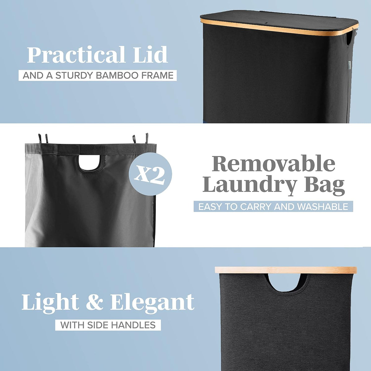 Laundry Basket with Lid, Made from Breathable Fabric | Aesthetic Clothes Hampers for Laundry with Side Handles & Sturdy Bamboo Frame (40 Gallons - Double, Gray)