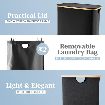 Laundry Basket with Lid, Made from Breathable Fabric | Aesthetic Clothes Hampers for Laundry with Side Handles & Sturdy Bamboo Frame (40 Gallons - Double, Gray)